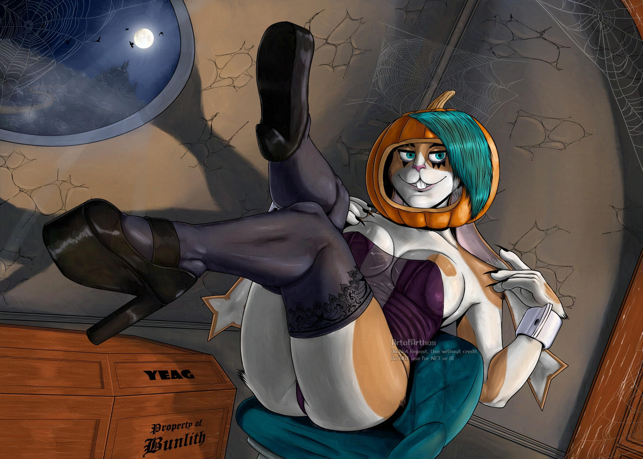 Bunlith (b0tster) in a bunnsuit wearing a pumpkin for Halloween